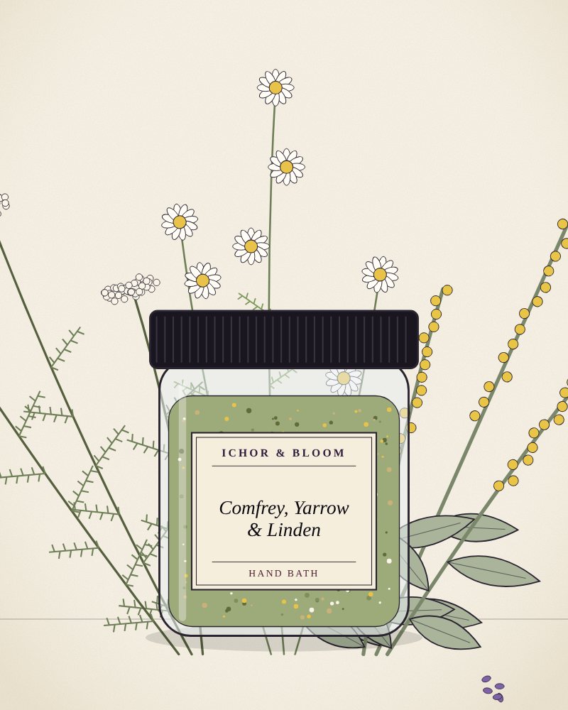 Drawing of Comfrey, Yarrow & Linden Hand Bath