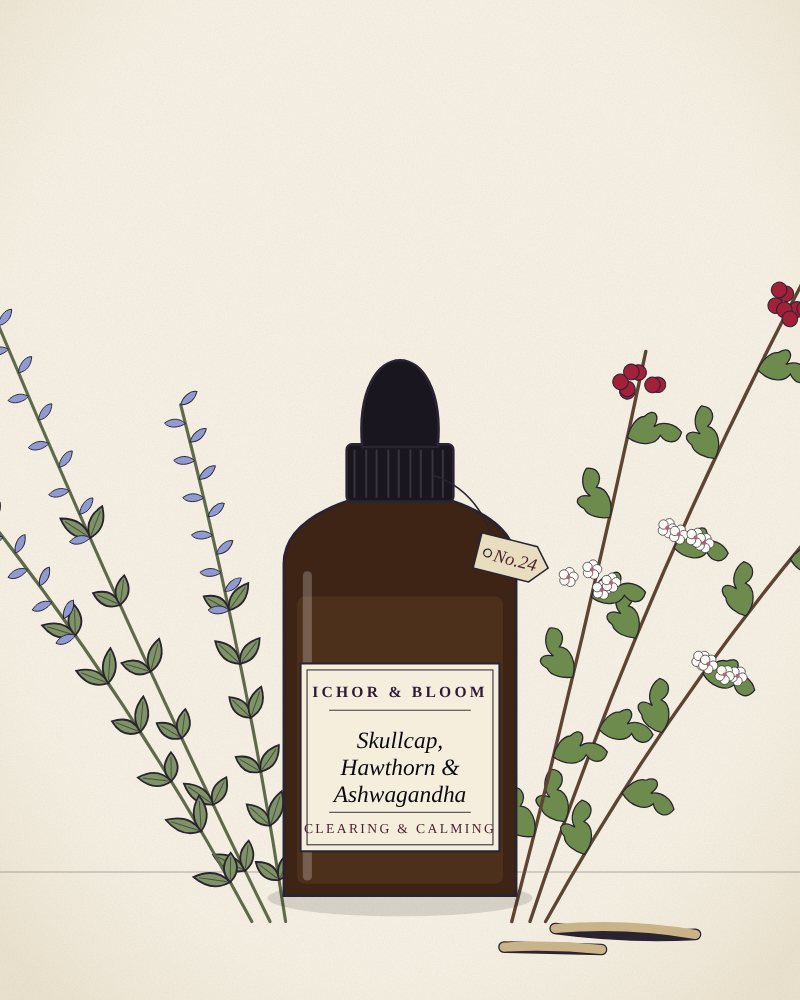 Drawing of Skullcap, Hawthorn & Ashwagandha Drops