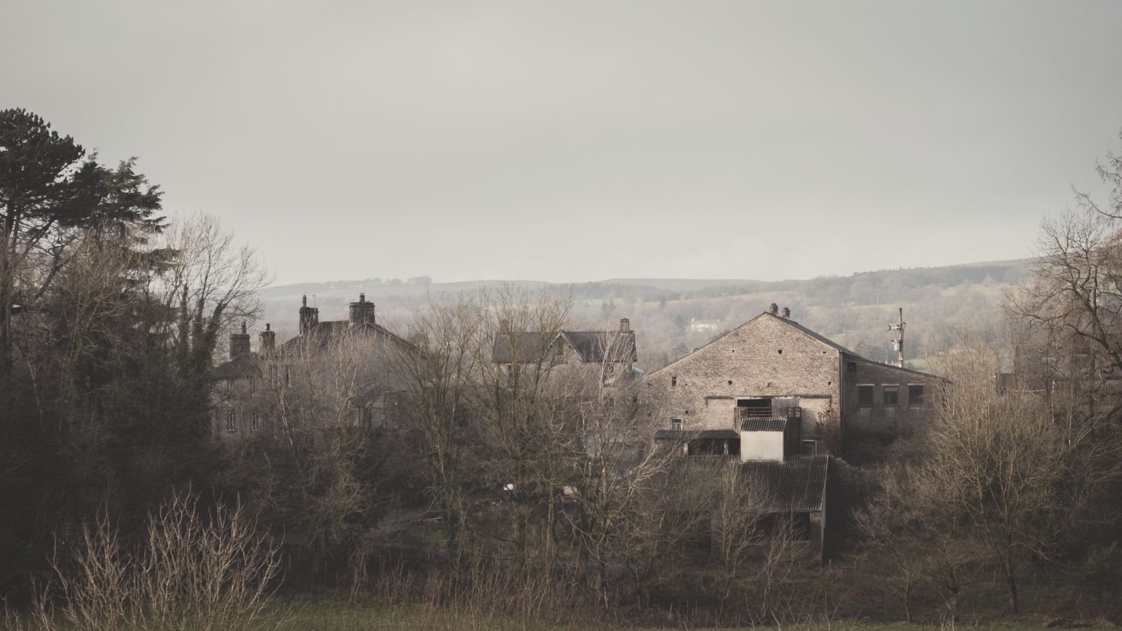 Old stone houses and a barn among bare trees